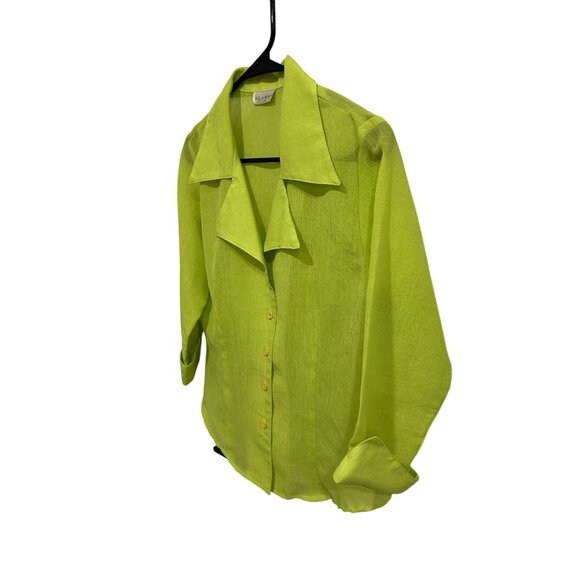 Klassy Womens Lime Button-Up Collared Blouse 3/4 Sleeve Lightweight Sheer Small - Picture 3 of 9